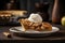 A classic home-baked apple pie served on a ceramic plate on a wooden table. 